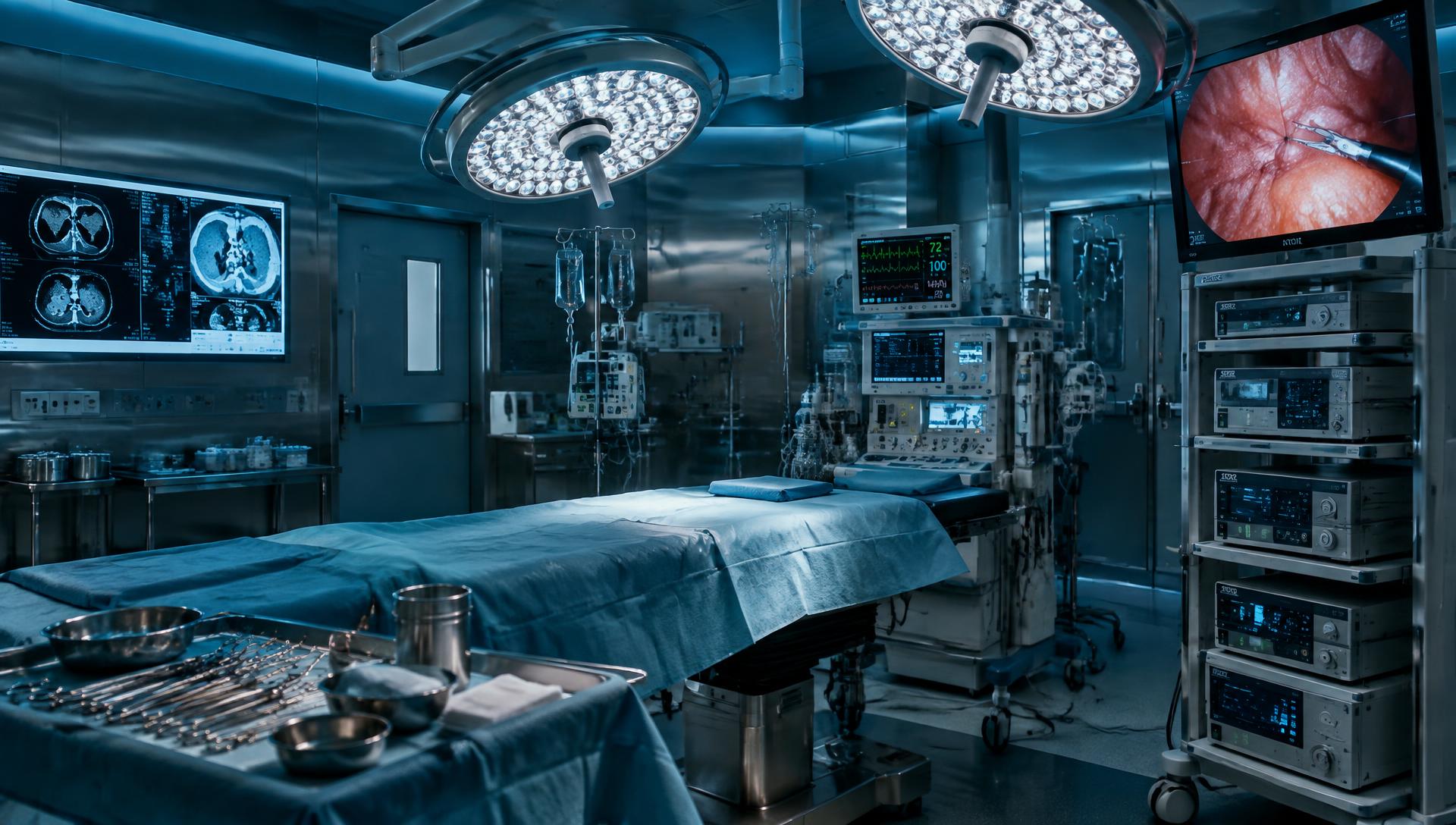 Operating room with surgical equipment, endoscopy tower and instrument trays