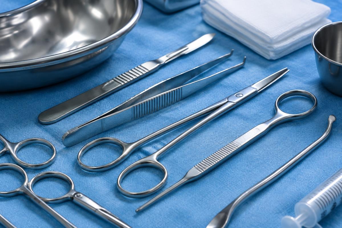 Stainless steel surgical instruments arranged on a sterile drape